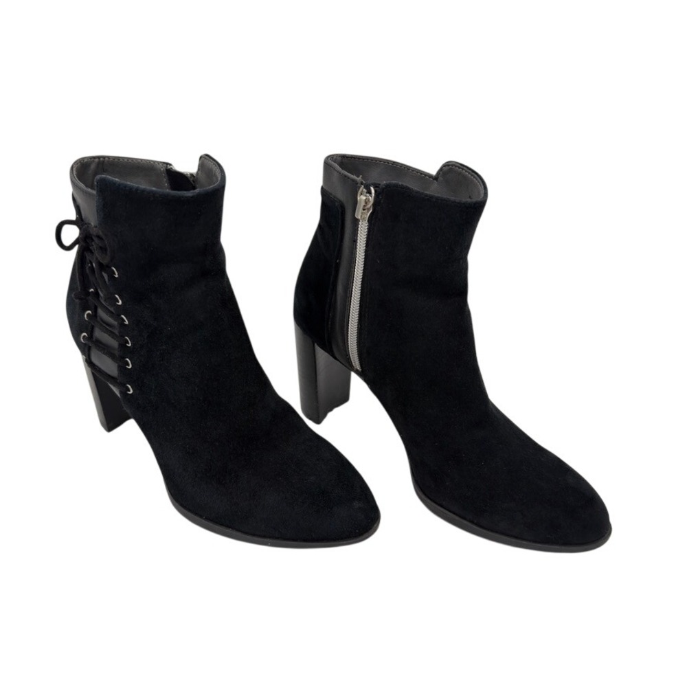 Adrienne Vittadini Black Suede Lace-Up Ankle Boots Women's 6 Block Heel